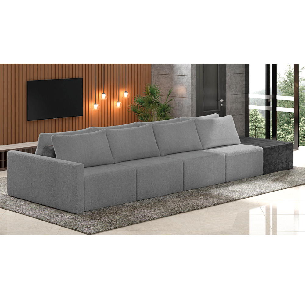Sofá Ilha 4 Lugares Living 392cm Modulado Sala Lary Bouclê Cinza/PU Pto K01 - D'Rossi