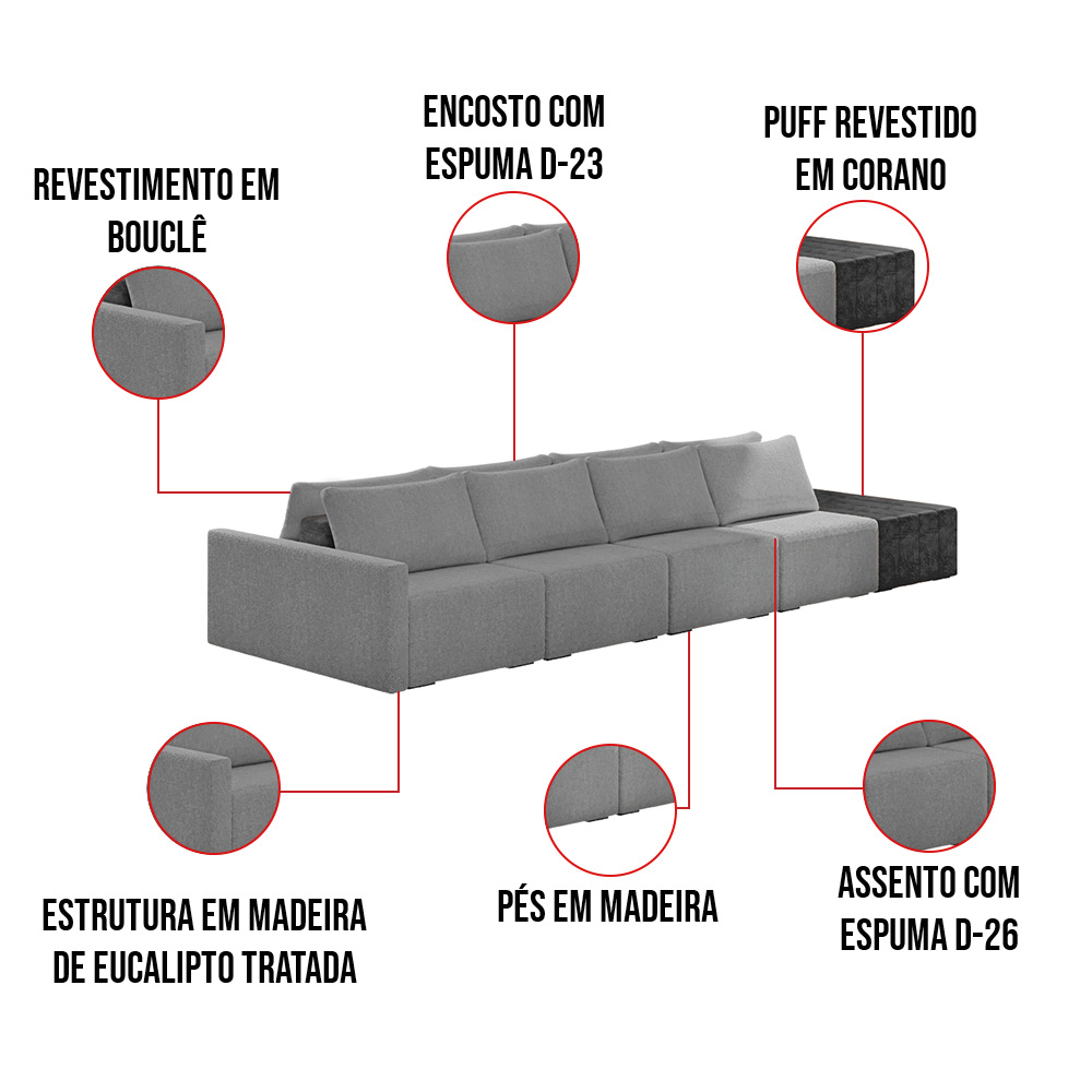 Sofá Ilha 4 Lugares Living 392cm Modulado Sala Lary Bouclê Cinza/PU Pto K01 - D'Rossi