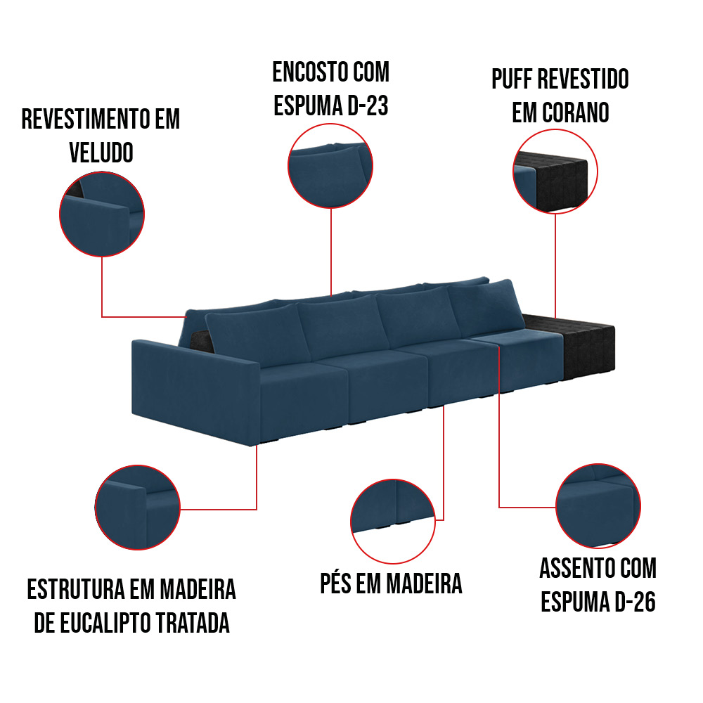 Sofá Ilha 4 Lugares Living 392cm Modulado Sala Lary Veludo Azul Marinho/PU Pto K01 - D'Rossi