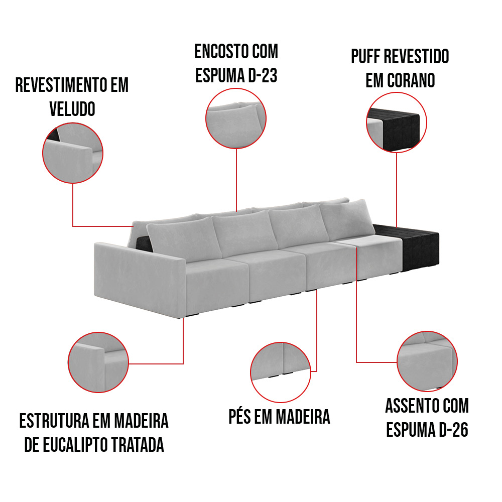 Sofá Ilha 4 Lugares Living 392cm Modulado Sala Lary Veludo Cinza/PU Pto K01 - D'Rossi