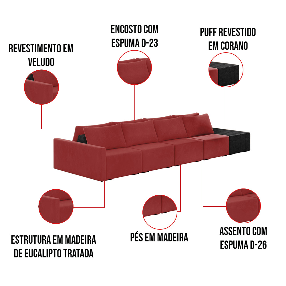 Sofá Ilha 4 Lugares Living 392cm Modulado Sala Lary Veludo Vermelho/PU Pto K01 - D'Rossi