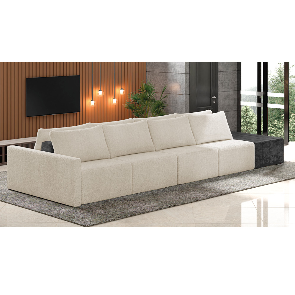 Sofá Ilha 4 Lugares Living 432cm Modulado Sala Lary Bouclê Bege/PU Pto K01 - D'Rossi