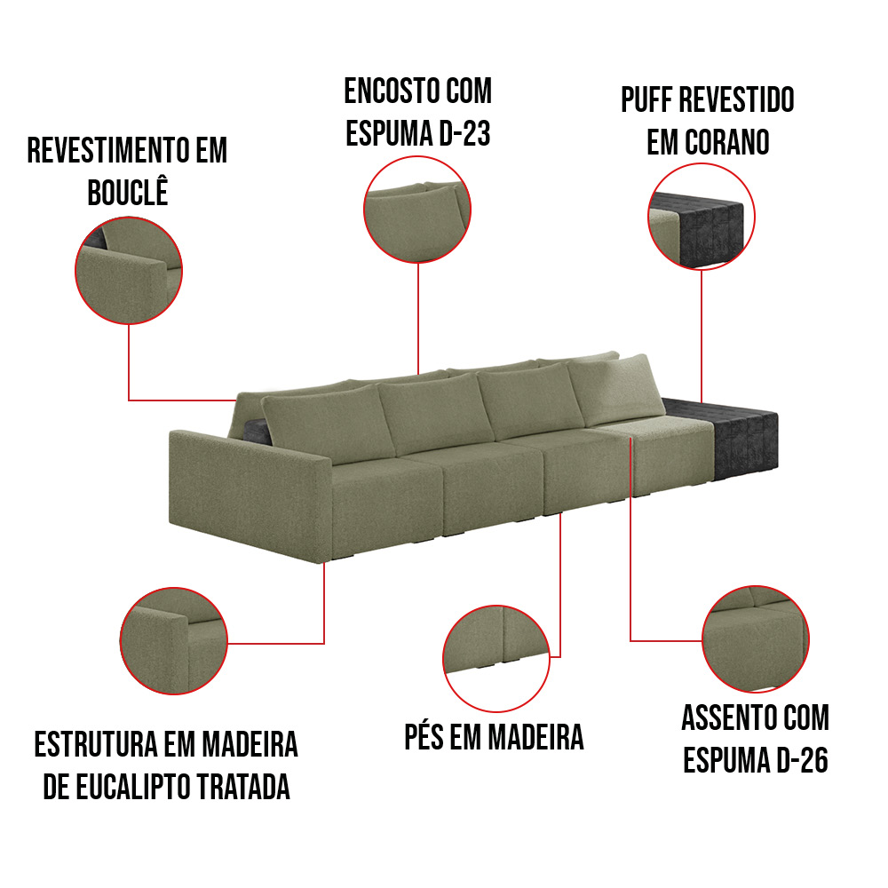 Sofá Ilha 4 Lugares Living 432cm Modulado Sala Lary Bouclê Verde/PU Pto K01 - D'Rossi