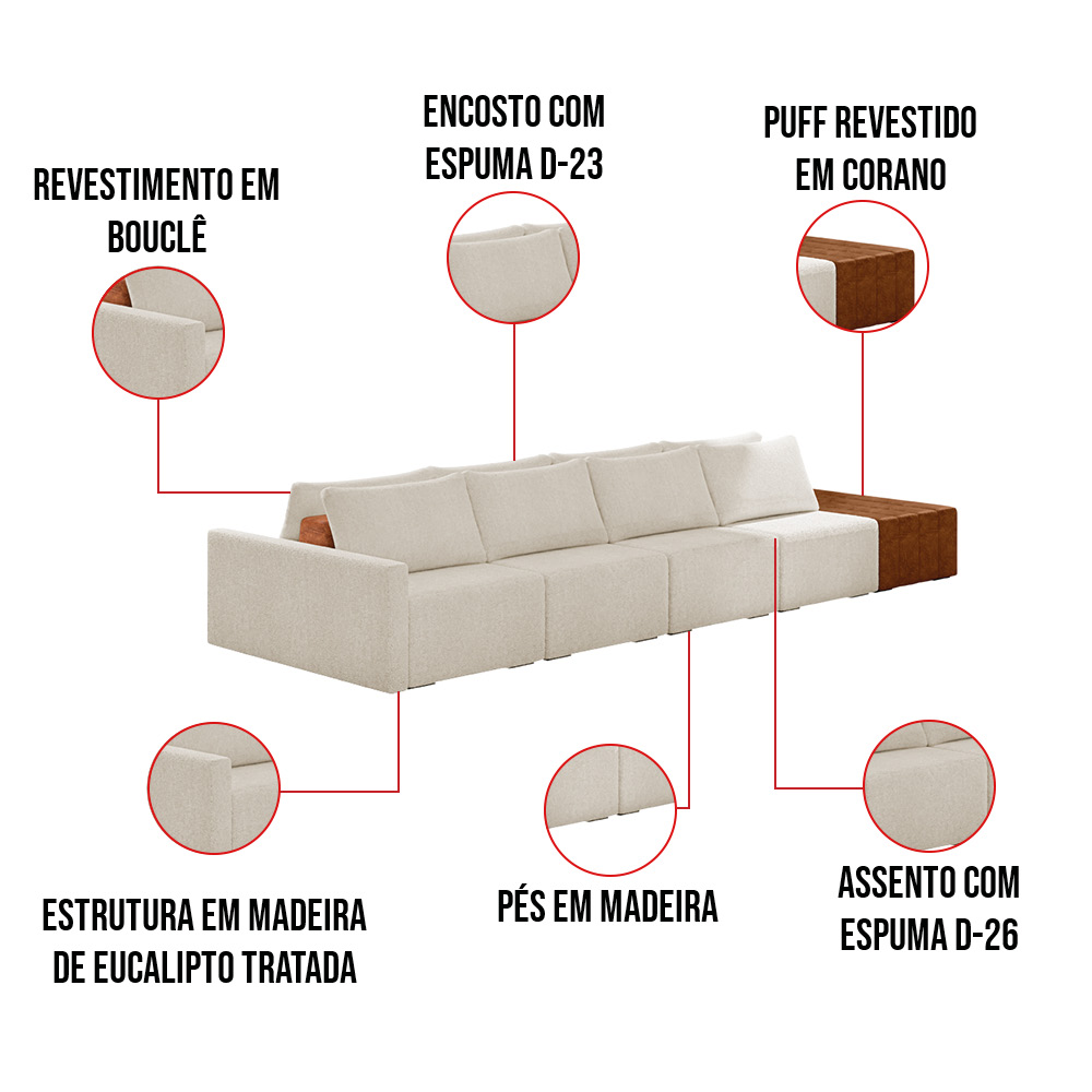 Sofá Ilha 4 Lugares Living 432cm Modulado para Sala Lary Bouclê Bege K01 - D'Rossi
