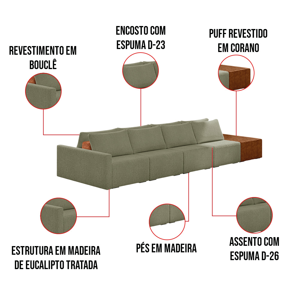 Sofá Ilha 4 Lugares Living 432cm Modulado para Sala Lary Bouclê Verde K01 - D'Rossi