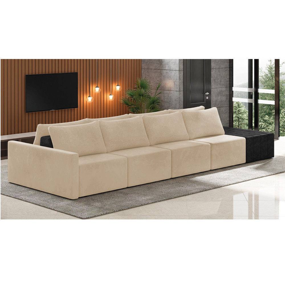 Sofá Ilha 4 Lugares Living 472cm Modulado Sala Lary Veludo Bege/PU Pto K01 - D'Rossi