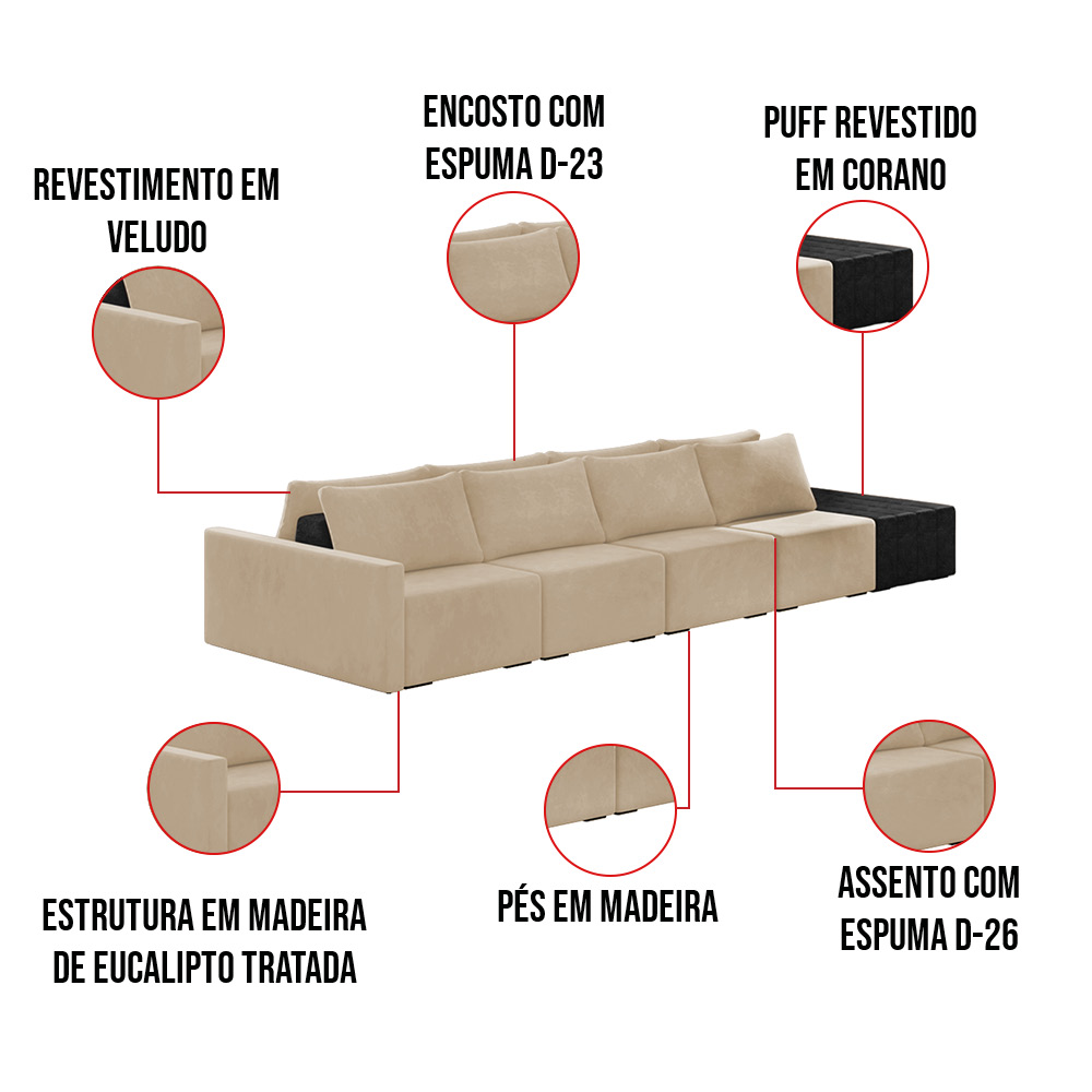 Sofá Ilha 4 Lugares Living 472cm Modulado Sala Lary Veludo Bege/PU Pto K01 - D'Rossi