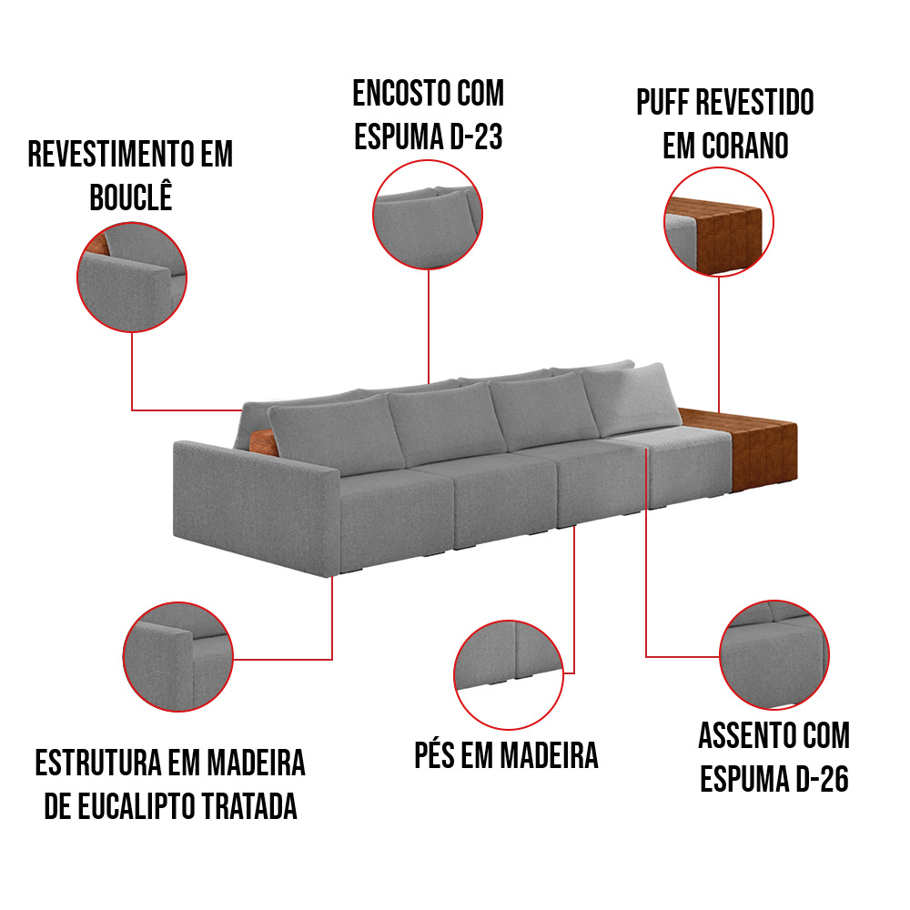 Sofá Ilha 4 Lugares Living 472cm Modulado para Sala Lary Bouclê Cinza K01 - D'Rossi