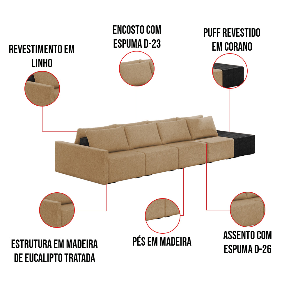 Sofá Ilha 4 Lugares Living 472cm Modulado para Sala Lary Linho Areia/PU Pto K01 - D'Rossi