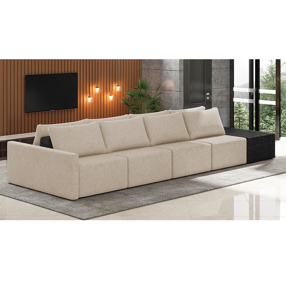 Sofá Ilha 4 Lugares Living 472cm Modulado para Sala Lary Linho Bege/PU Pto K01 - D'Rossi