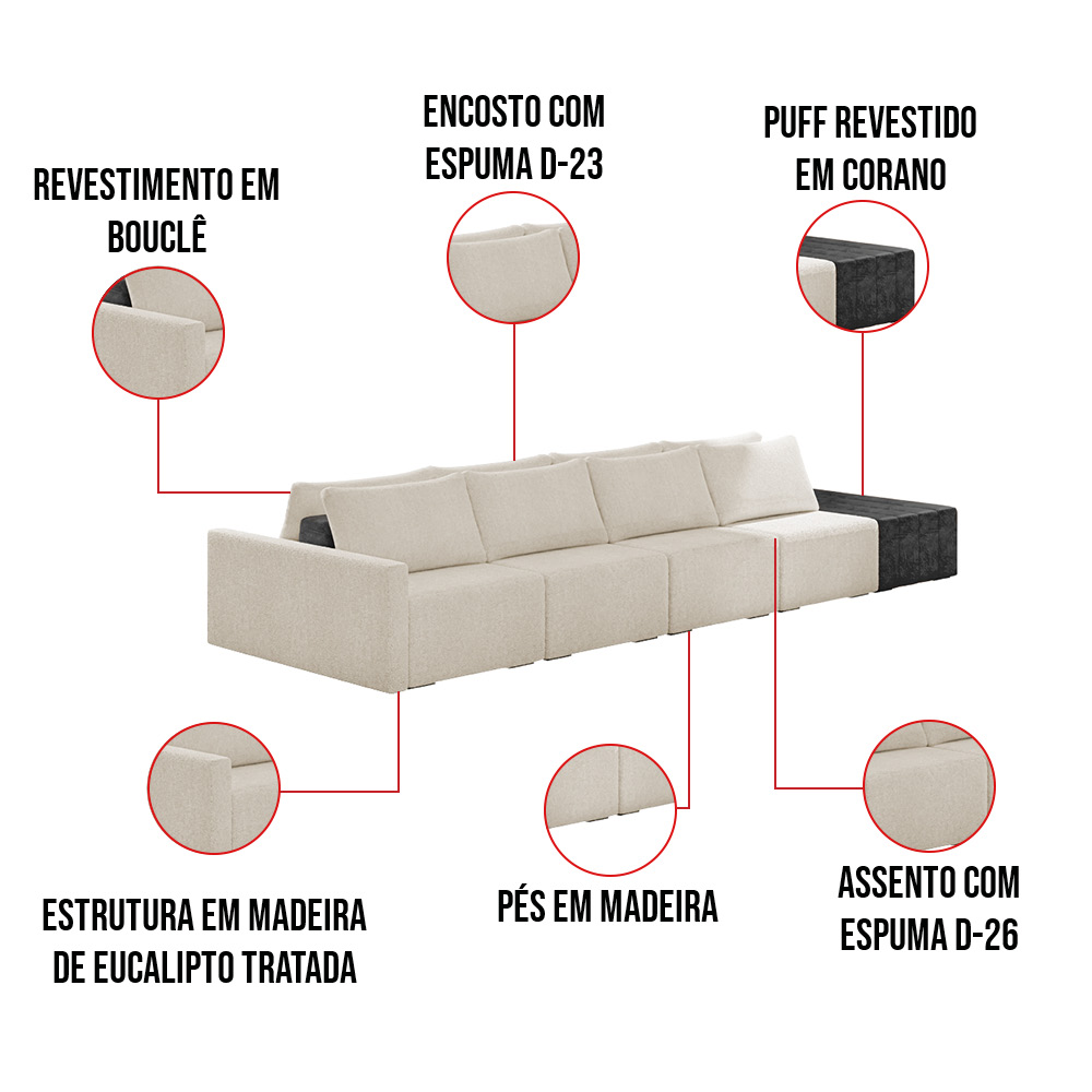 Sofá Ilha 4 Lugares Living 512cm Modulado Sala Lary Bouclê Bege/PU Pto K01 - D'Rossi