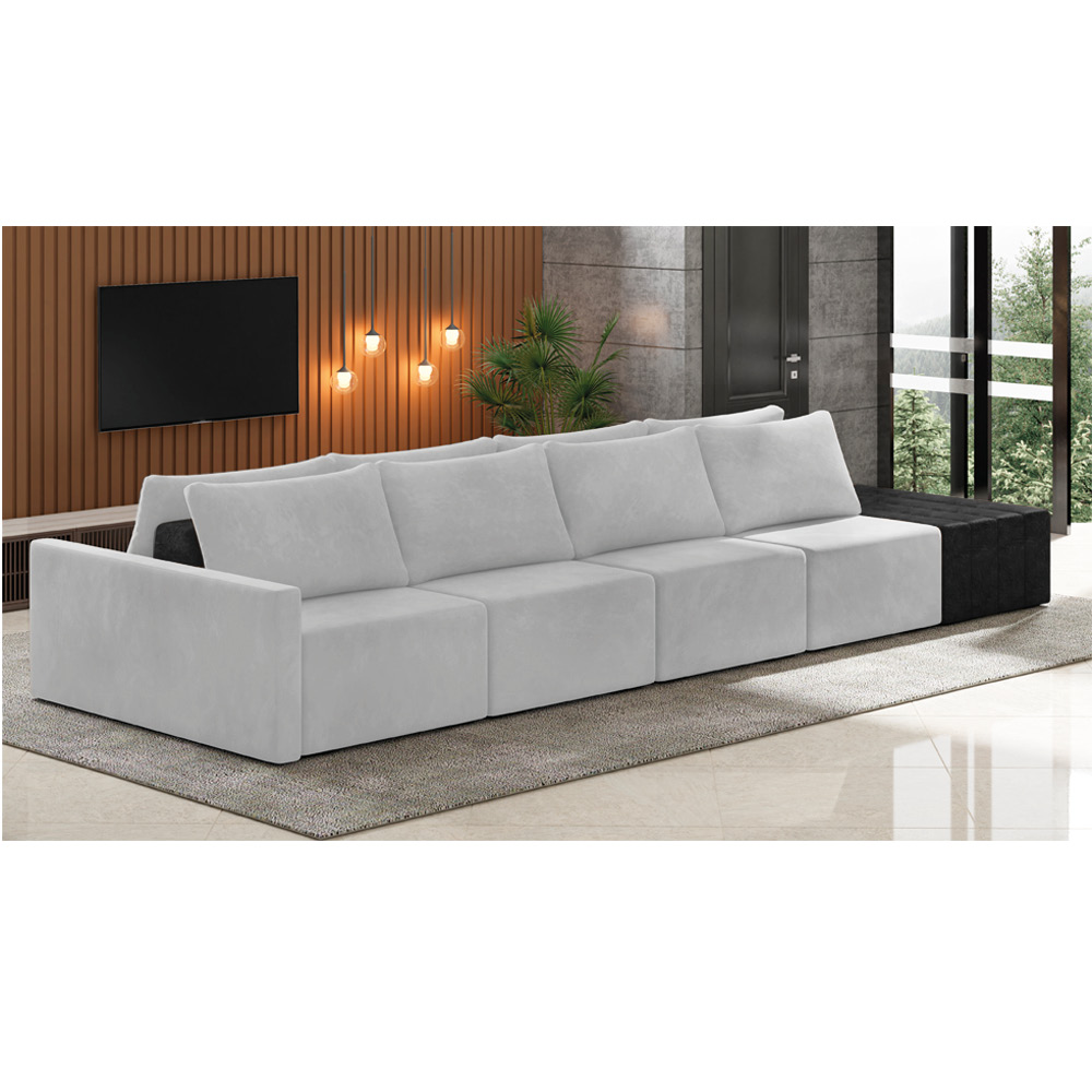 Sofá Ilha 4 Lugares Living 512cm Modulado Sala Lary Veludo Cinza/PU Pto K01 - D'Rossi