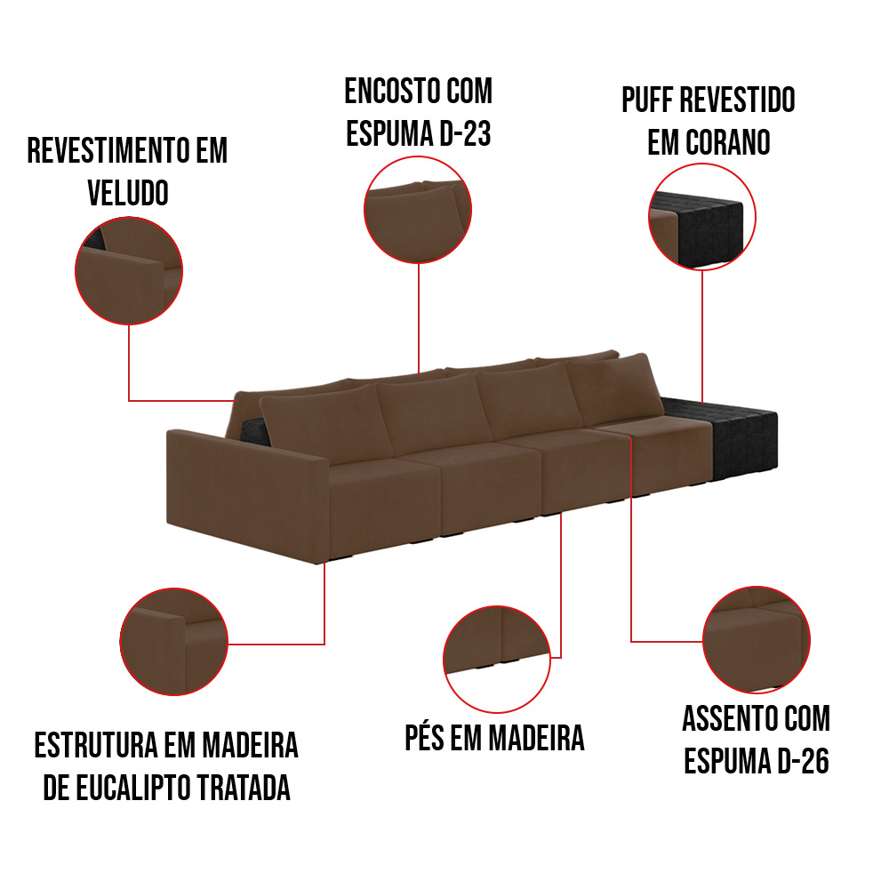 Sofá Ilha 4 Lugares Living 512cm Modulado Sala Lary Veludo Marrom/PU Pto K01 - D'Rossi