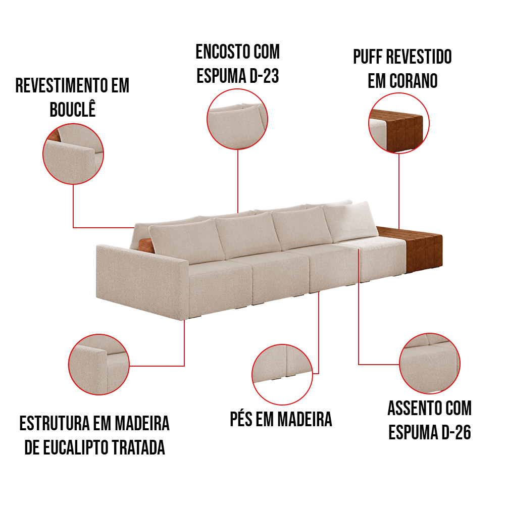 Sofá Ilha 4 Lugares Living 512cm Modulado para Sala Lary Bouclê Creme K01 - D'Rossi