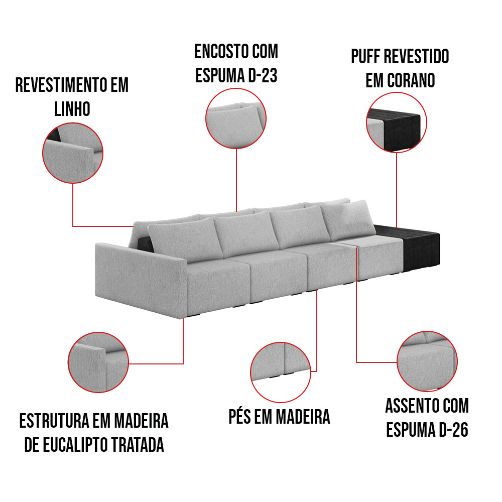 Sofá Ilha 4 Lugares Living 512cm Modulado para Sala Lary Linho Cinza/PU Pto K01 - D'Rossi