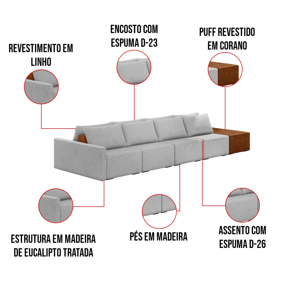 Sofá Ilha 4 Lugares Living 512cm Modulado para Sala Lary Linho Grafite K01 - D'Rossi