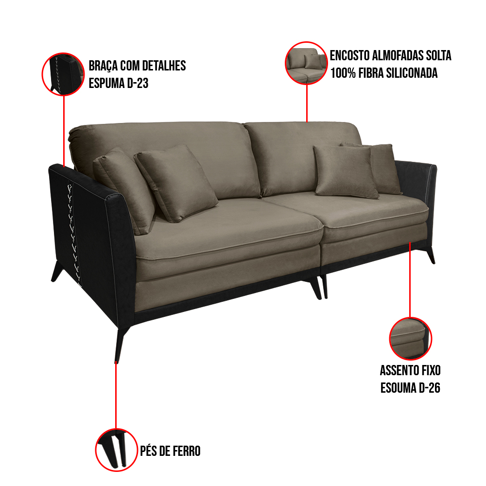 Sofá Living Mondaí 2 Lugares 182 cm Veludo Cappuccino Pés de Ferro Preto - D'Rossi