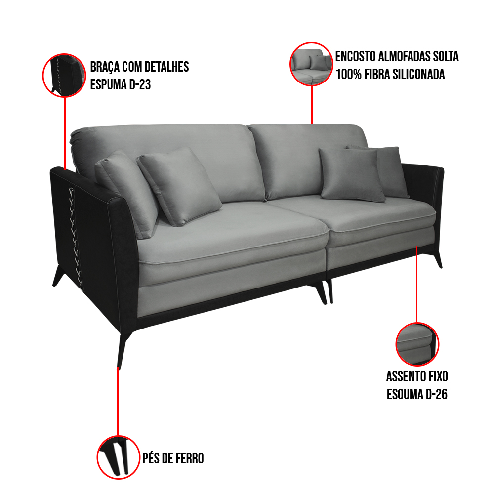Sofá Living Mondaí 2 Lugares 182 cm Veludo Cinza Pés de Ferro Preto - D'Rossi