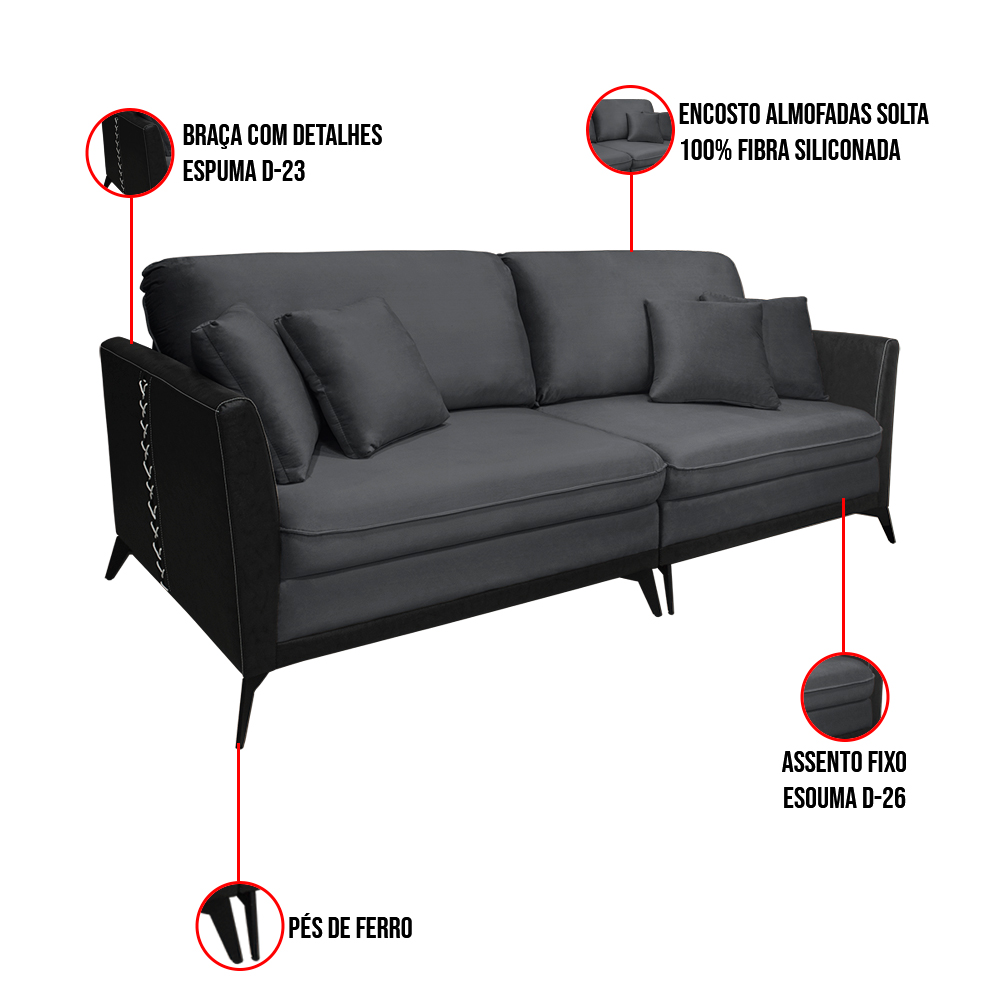 Sofá Living Mondaí 4 Lugares 262 cm Veludo Grafite Pés de Ferro Preto - D'Rossi