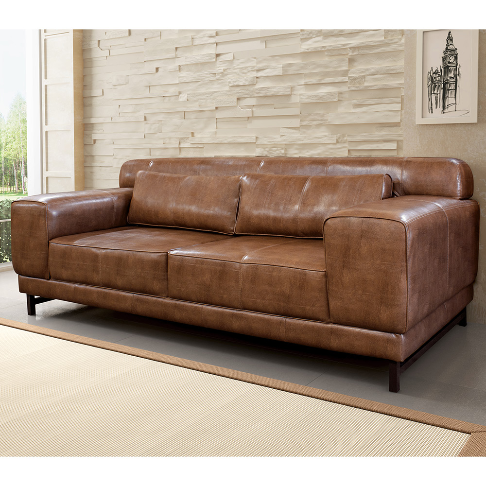 Sofá Malta 03 Lugares Couro Softline Mel B201 220 cm Pés Metálicos - D'Rossi