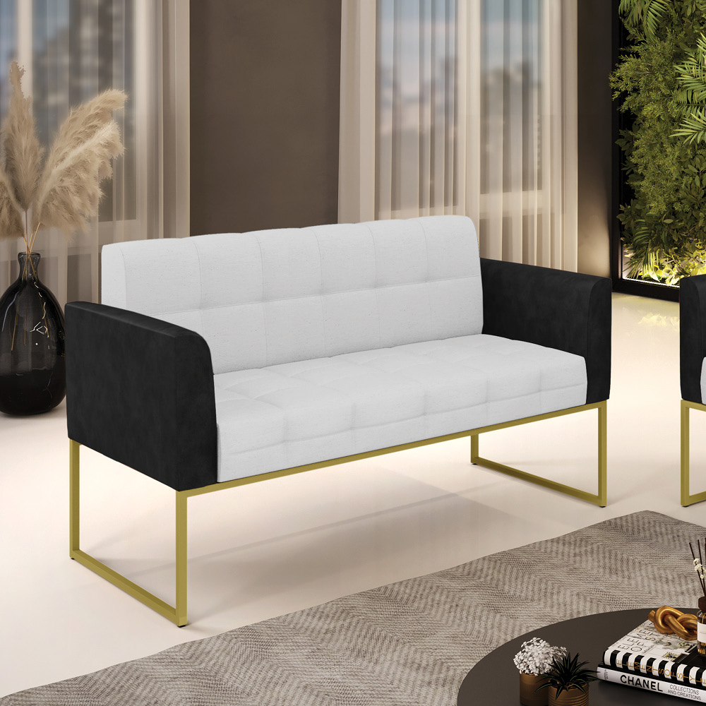 Sofá Namoradeira 2 Lugares Base Industrial Dourado Elisa Preto/Linho Cinza A05 D03 - D'Rossi