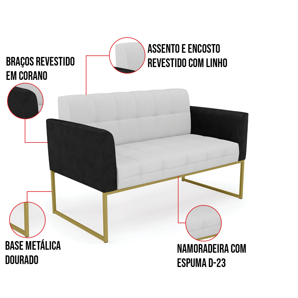 Sofá Namoradeira 2 Lugares Base Industrial Dourado Elisa Preto/Linho Cinza A05 D03 - D'Rossi