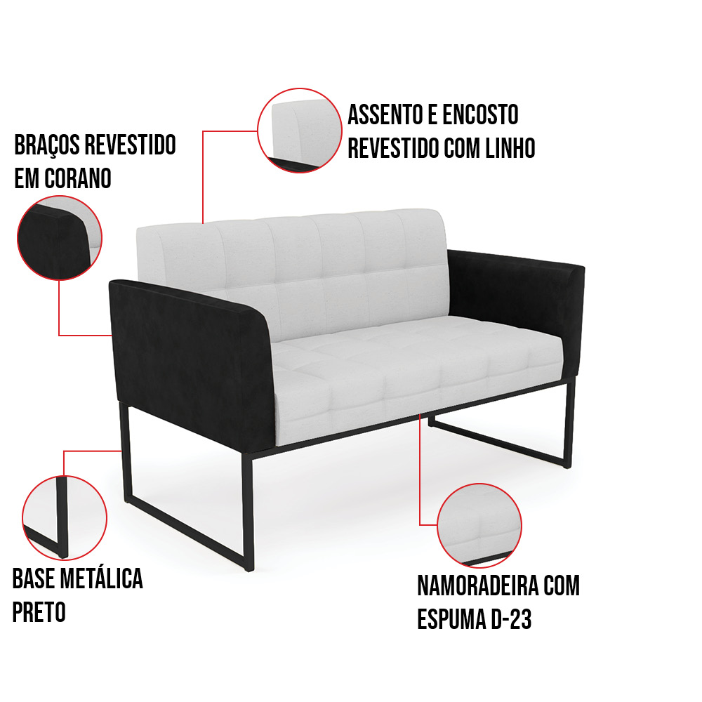 Sofá Namoradeira 2 Lugares Base Industrial Preto Elisa Preto/Linho Cinza A05 D03 - D'Rossi