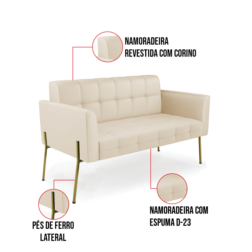 Sofá Namoradeira 2 Lugares Base Pé de Ferro Dourado Elisa Corino Bege D03 - D'Rossi