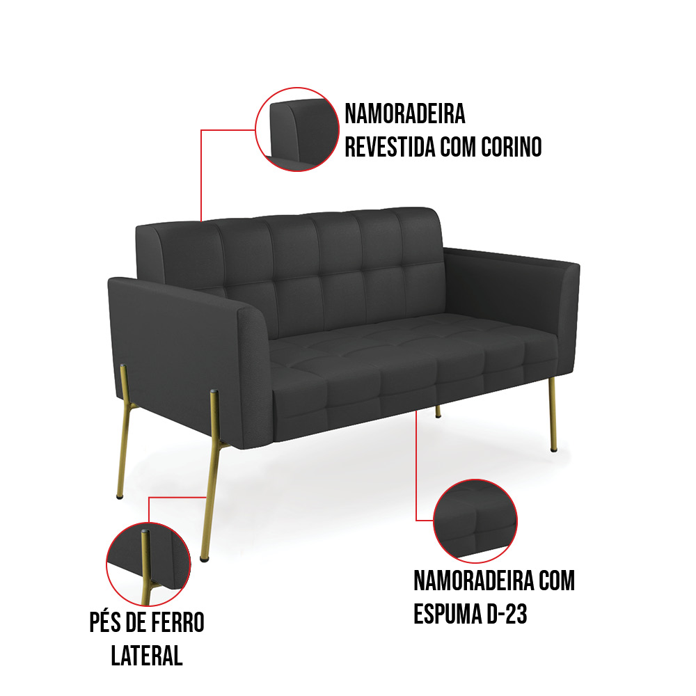 Sofá Namoradeira 2 Lugares Base Pé de Ferro Dourado Elisa Corino Preto D03 - D'Rossi