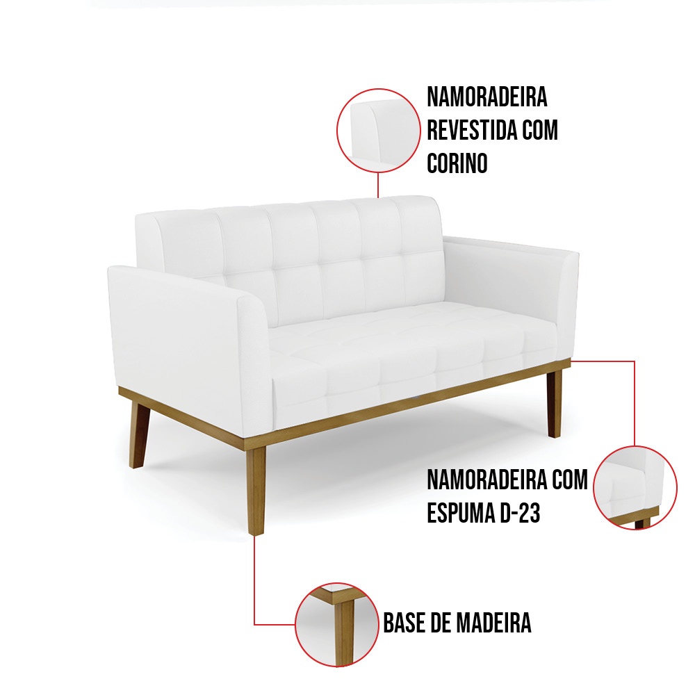 Sofá Namoradeira 2 Lugares Base de Madeira Castanho Elisa Corino Branco D03 - D'Rossi