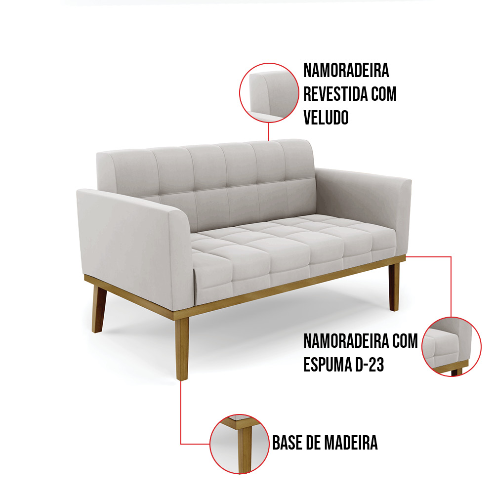 Sofá Namoradeira 2 Lugares Base de Madeira Castanho Elisa Veludo Cinza D03 - D'Rossi