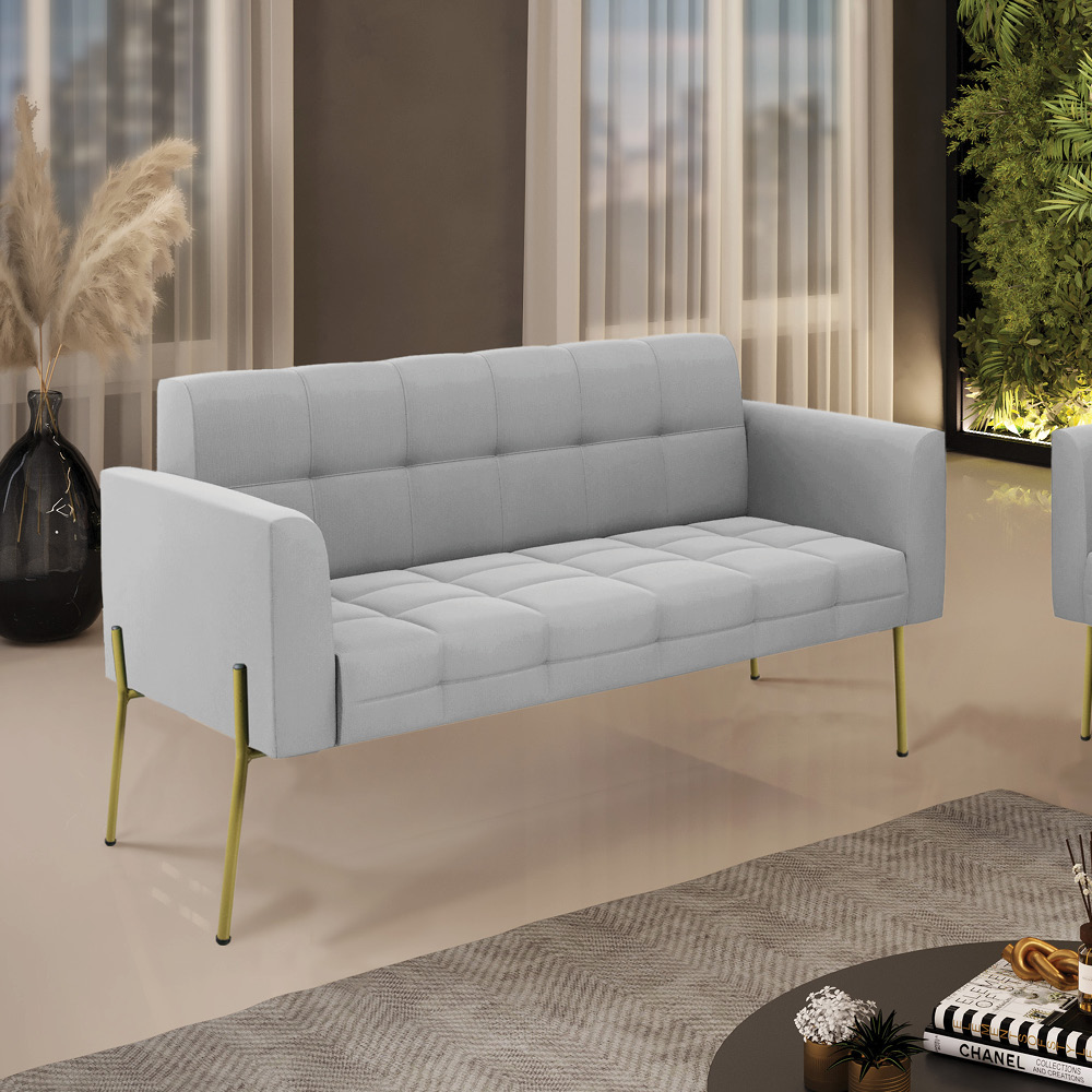Sofá Namoradeira 2 Lugares Pé de Ferro Dourado Elisa Suede Cinza D03 - D'Rossi
