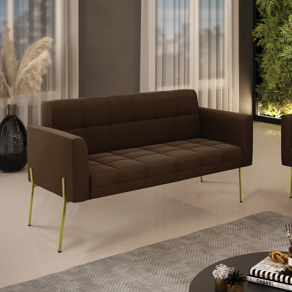 Sofá Namoradeira 2 Lugares Pé de Ferro Dourado Elisa Suede Marrom D03 - D'Rossi