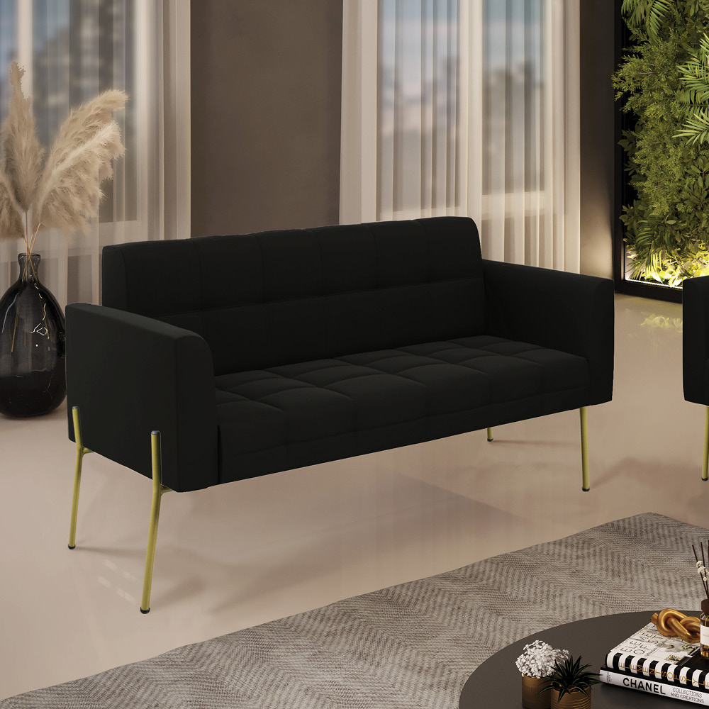 Sofá Namoradeira 2 Lugares Pé de Ferro Dourado Elisa Suede Preto D03 - D'Rossi