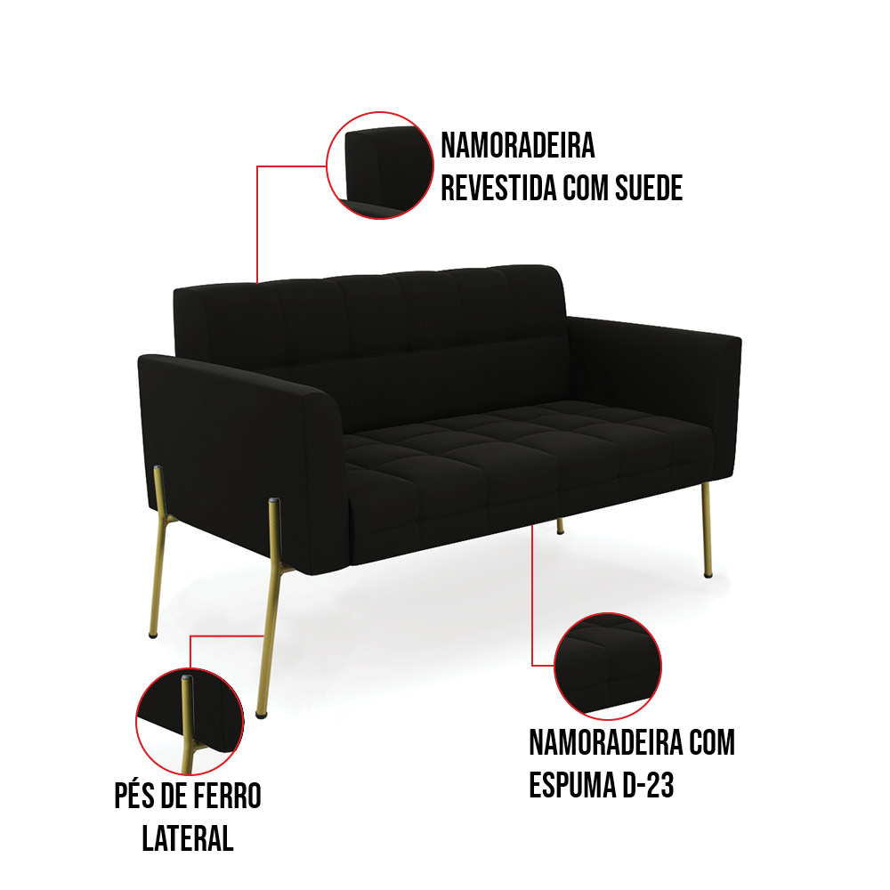 Sofá Namoradeira 2 Lugares Pé de Ferro Dourado Elisa Suede Preto D03 - D'Rossi