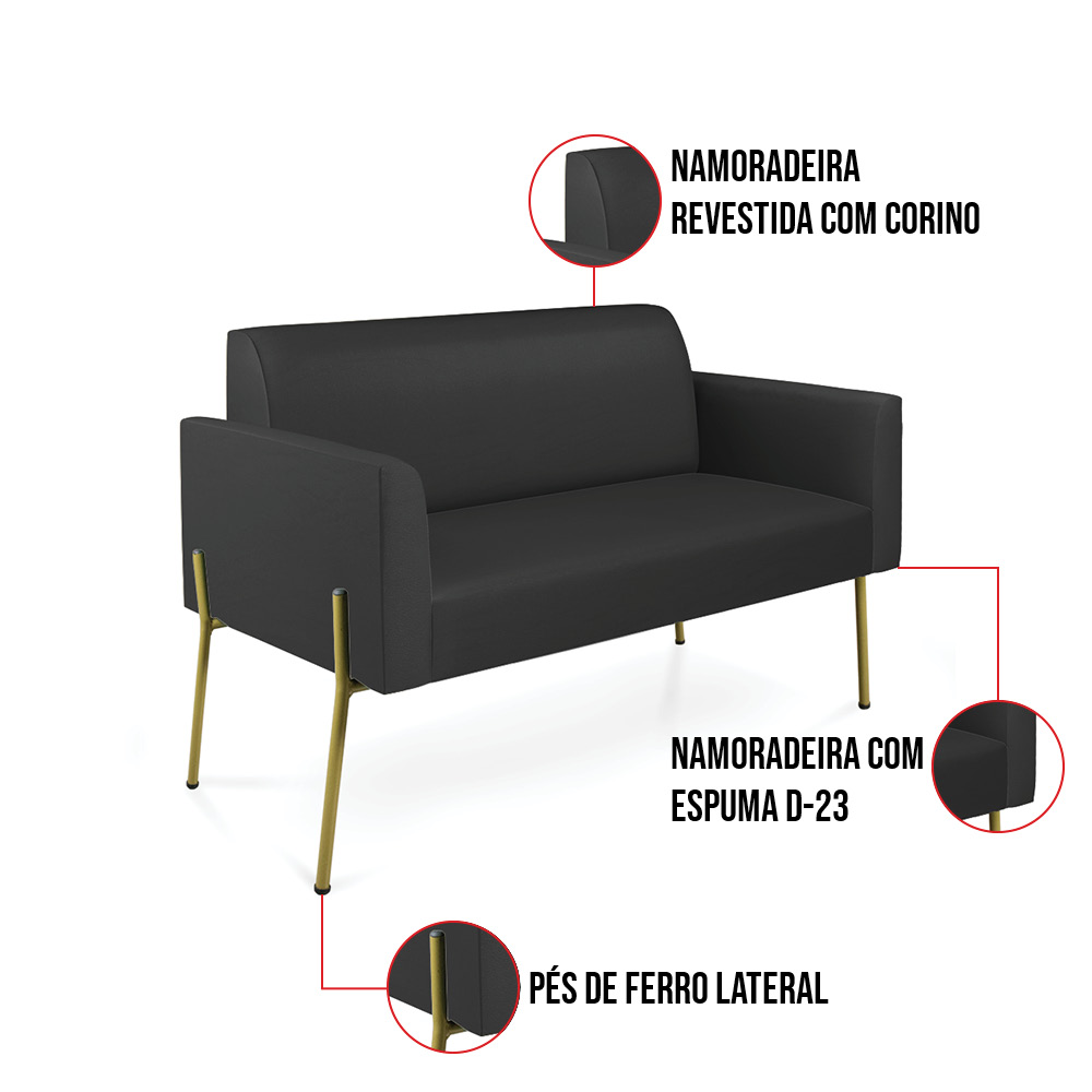 Sofá Namoradeira 2 Lugares Pé de Ferro Dourado Marisa Corino Preto D03 - D'Rossi
