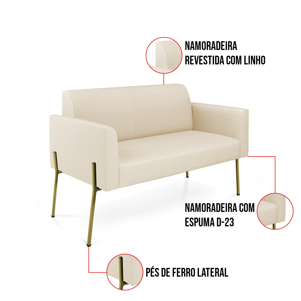 Sofá Namoradeira 2 Lugares Pé de Ferro Dourado Marisa Linho Bege D03 - D'Rossi
