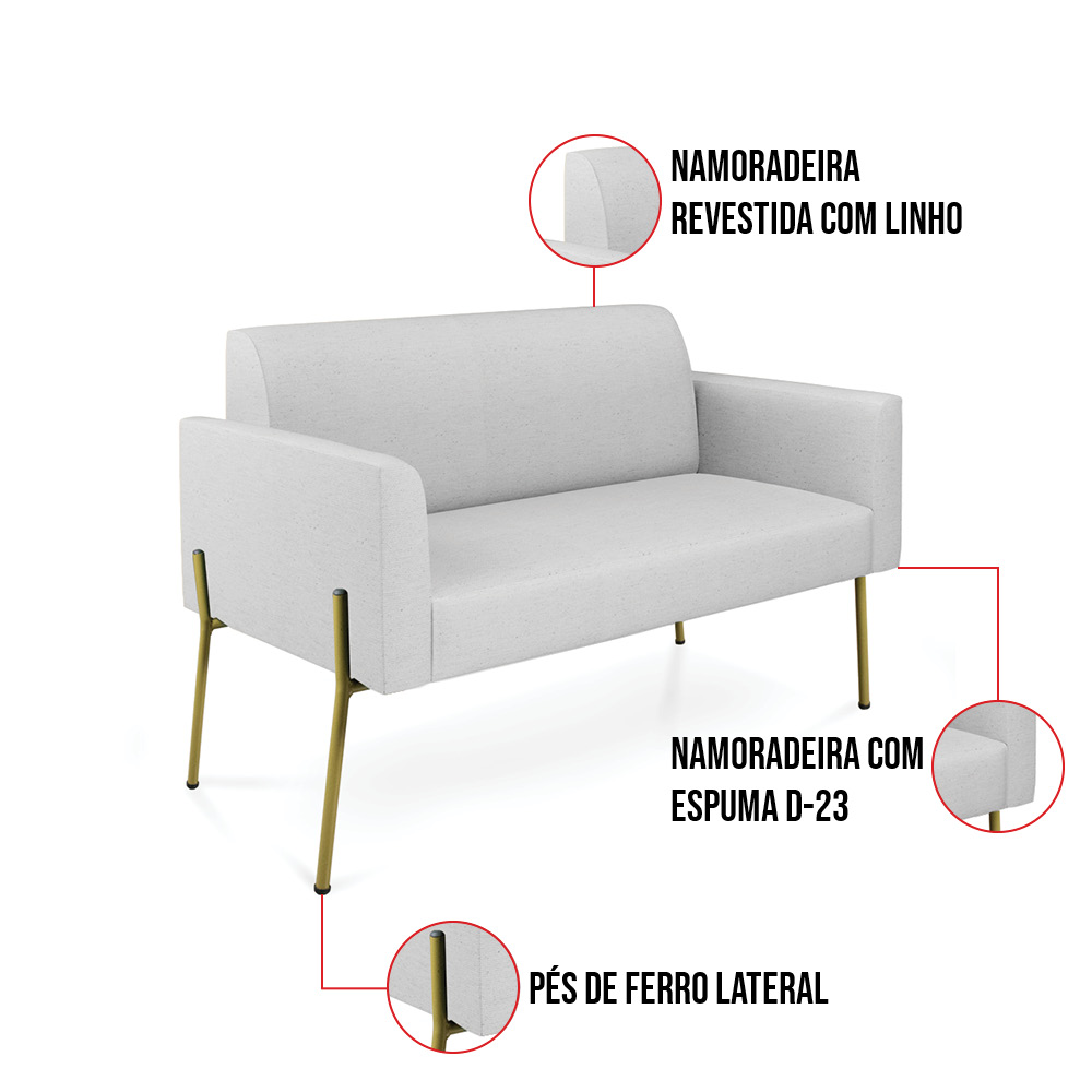 Sofá Namoradeira 2 Lugares Pé de Ferro Dourado Marisa Linho Cinza D03 - D'Rossi