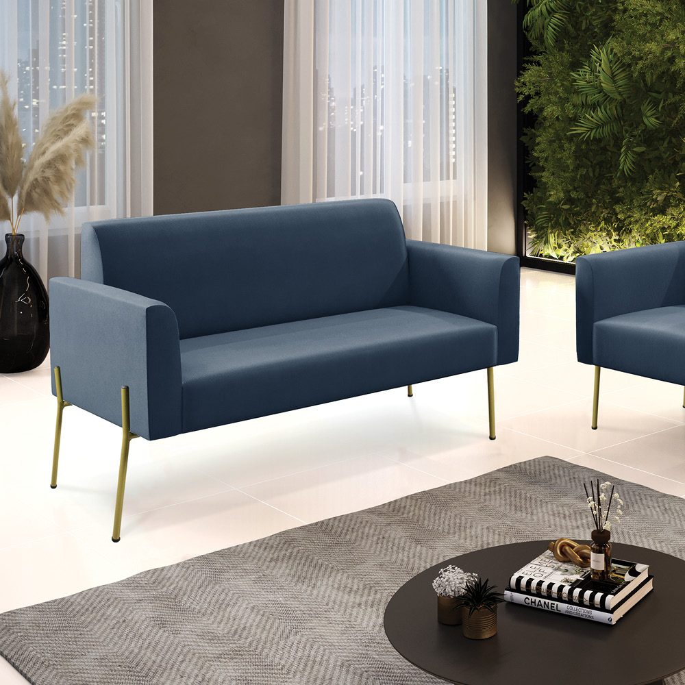 Sofá Namoradeira 2 Lugares Pé de Ferro Dourado Marisa Suede Azul Marinho D03 - D'Rossi