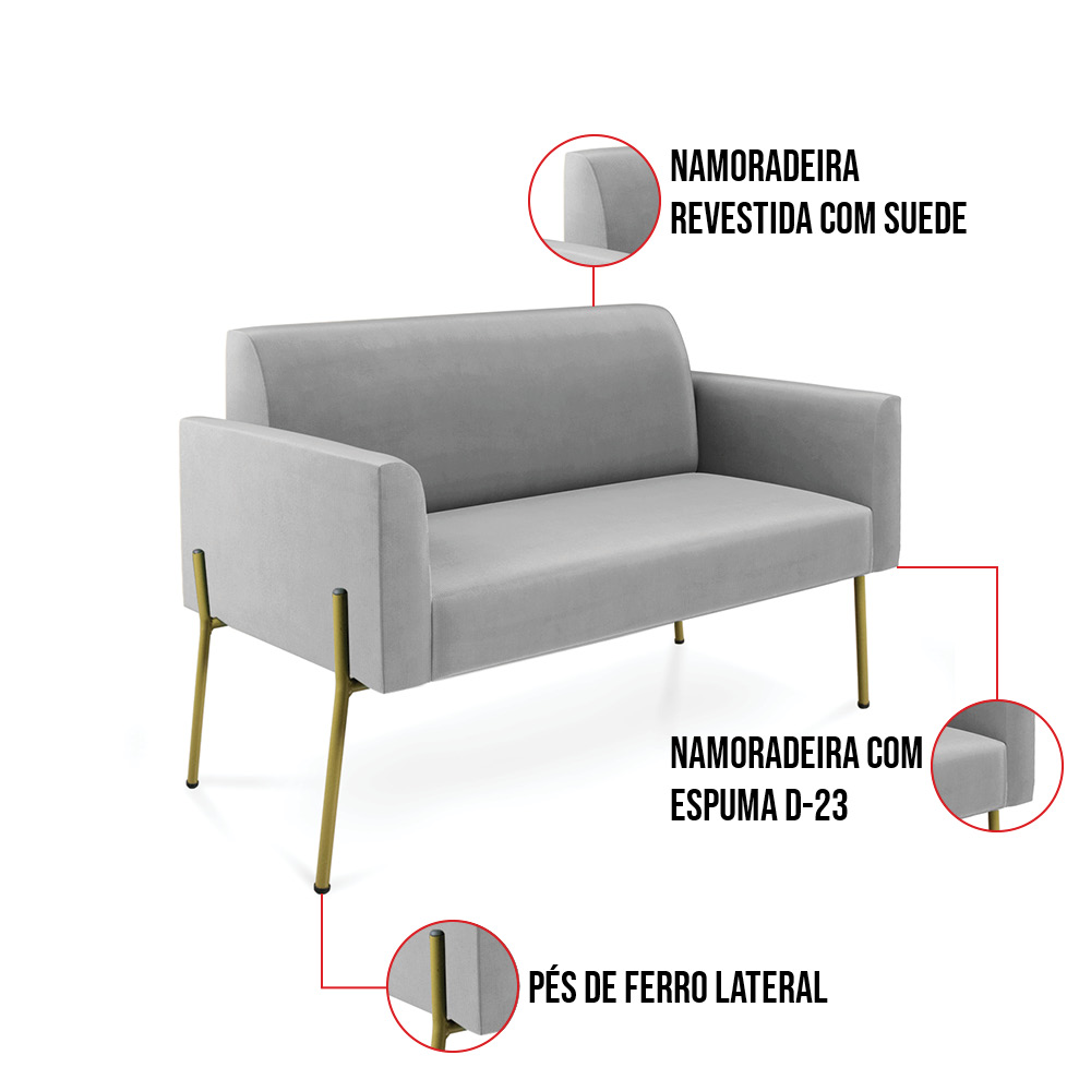 Sofá Namoradeira 2 Lugares Pé de Ferro Dourado Marisa Suede Cinza D03 - D'Rossi