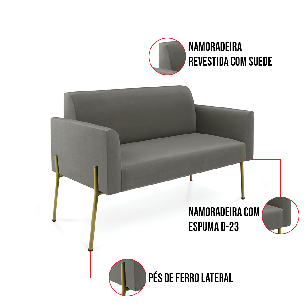 Sofá Namoradeira 2 Lugares Pé de Ferro Dourado Marisa Suede Grafite D03 - D'Rossi