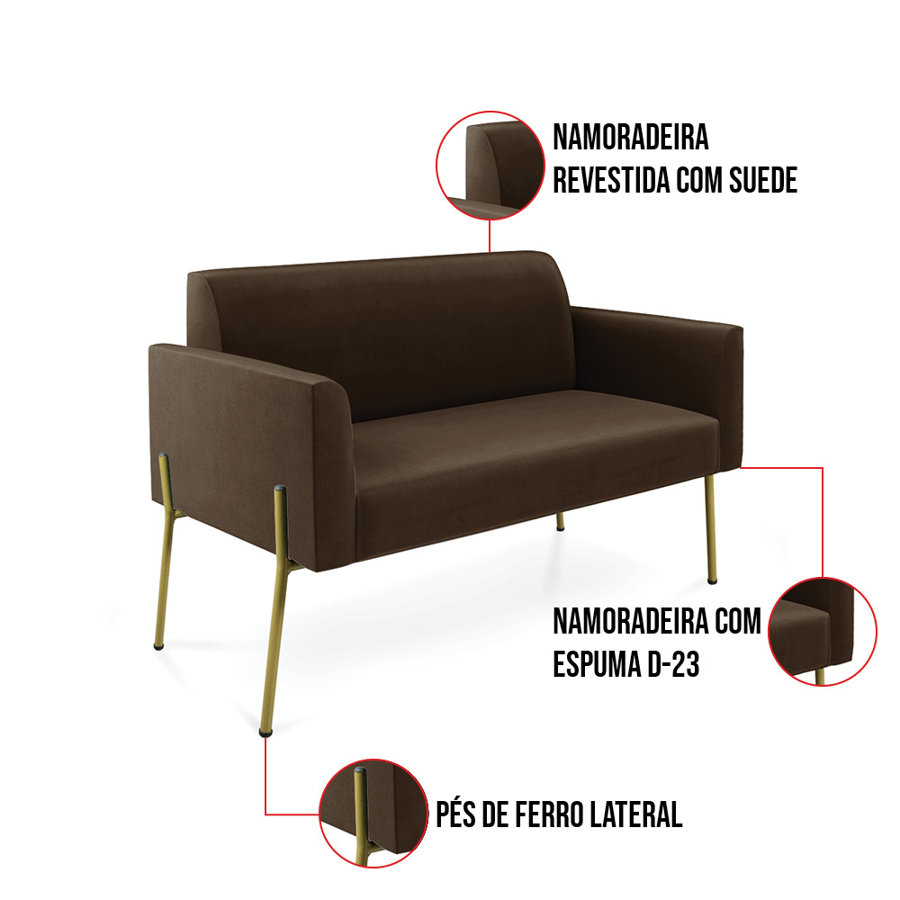 Sofá Namoradeira 2 Lugares Pé de Ferro Dourado Marisa Suede Marrom D03 - D'Rossi