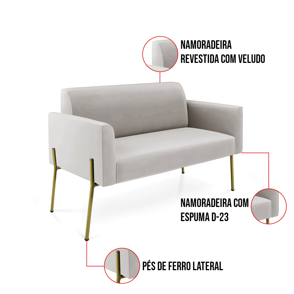 Sofá Namoradeira 2 Lugares Pé de Ferro Dourado Marisa Veludo Cinza D03 - D'Rossi
