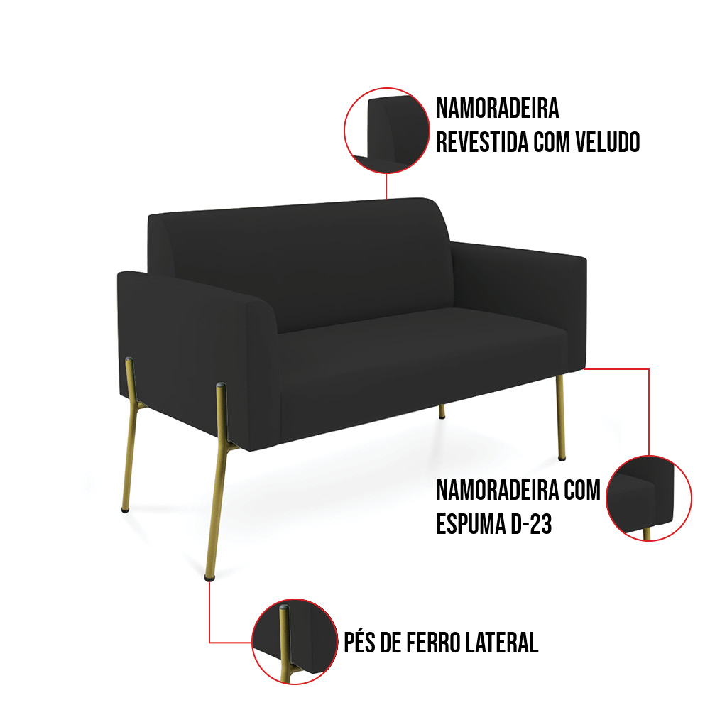 Sofá Namoradeira 2 Lugares Pé de Ferro Dourado Marisa Veludo Preto D03 - D'Rossi