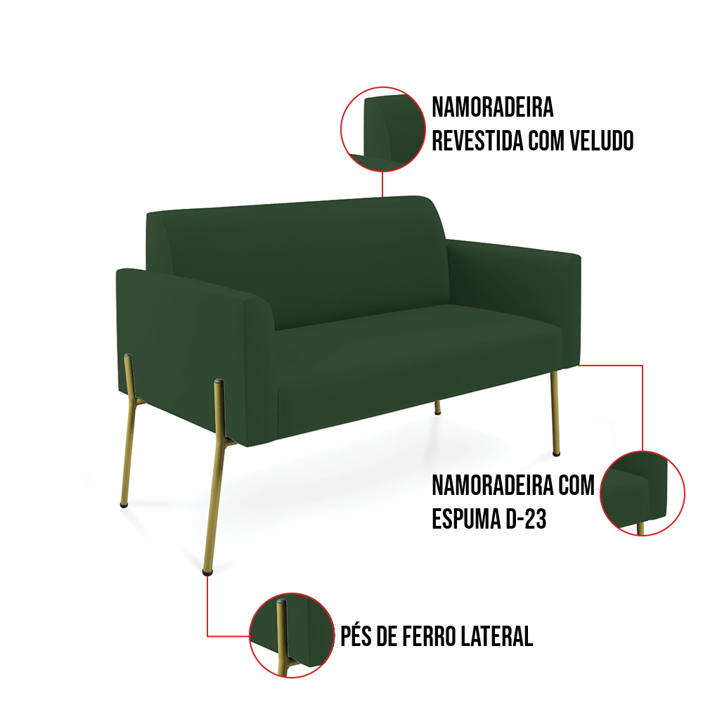 Sofá Namoradeira 2 Lugares Pé de Ferro Dourado Marisa Veludo Verde D03 - D'Rossi