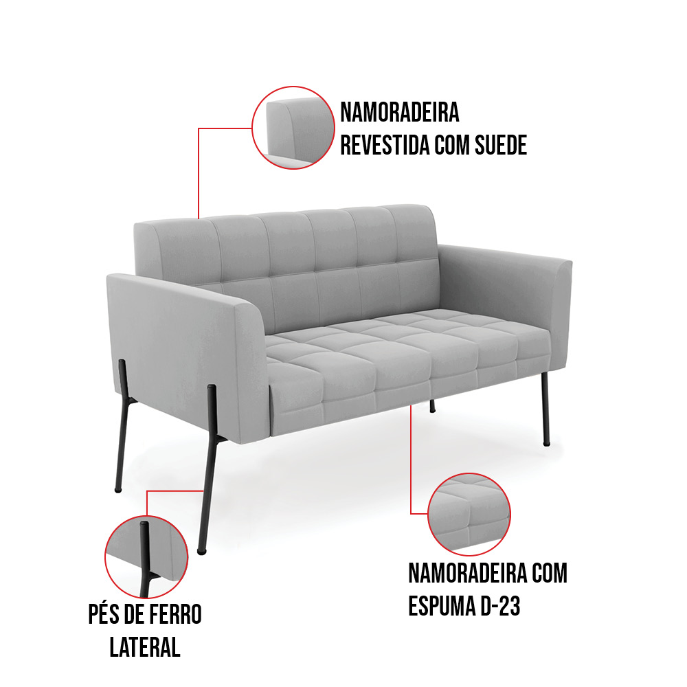 Sofá Namoradeira 2 Lugares Pé de Ferro Preto Elisa Suede Cinza D03 - D'Rossi