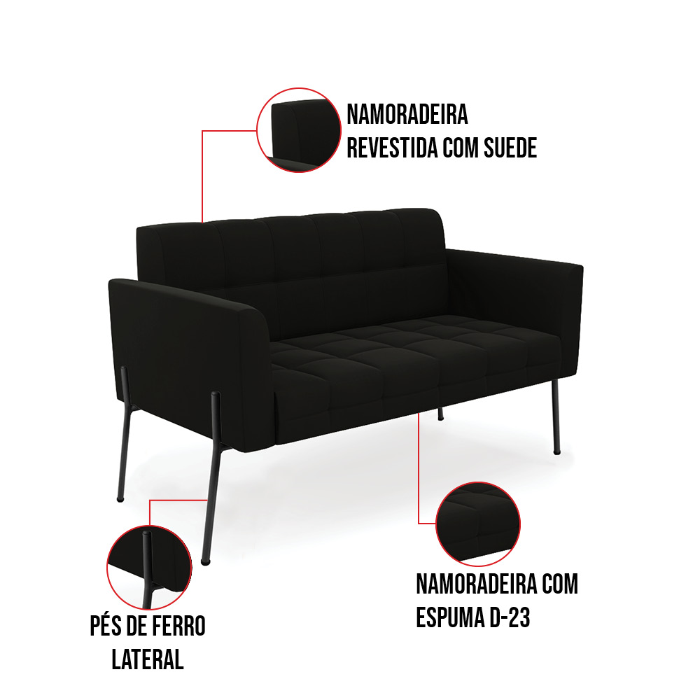 Sofá Namoradeira 2 Lugares Pé de Ferro Preto Elisa Suede Preto D03 - D'Rossi