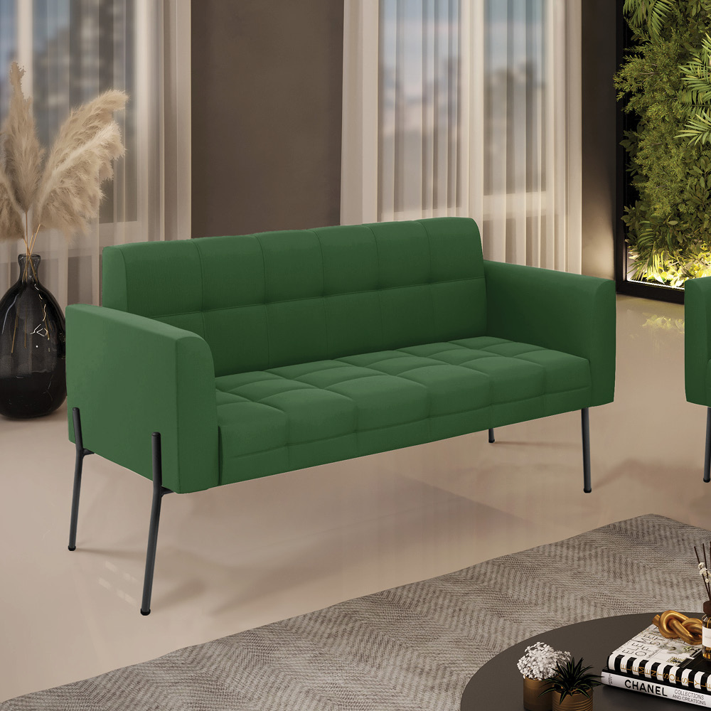 Sofá Namoradeira 2 Lugares Pé de Ferro Preto Elisa Suede Verde D03 - D'Rossi