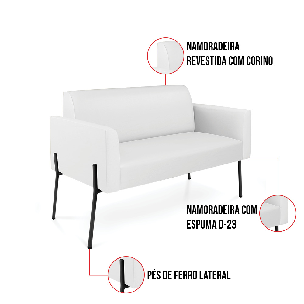 Sofá Namoradeira 2 Lugares Pé de Ferro Preto Marisa Corino Branco D03 - D'Rossi