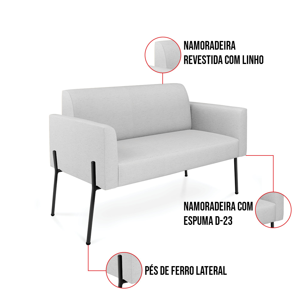 Sofá Namoradeira 2 Lugares Pé de Ferro Preto Marisa Linho Cinza D03 - D'Rossi